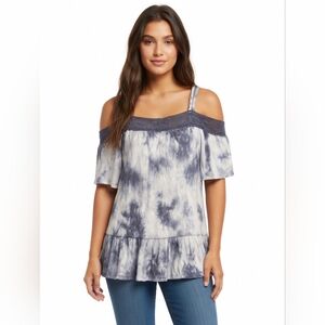 Almost Famous Off-Shoulder Tie-Dye Tunic in Blue and White